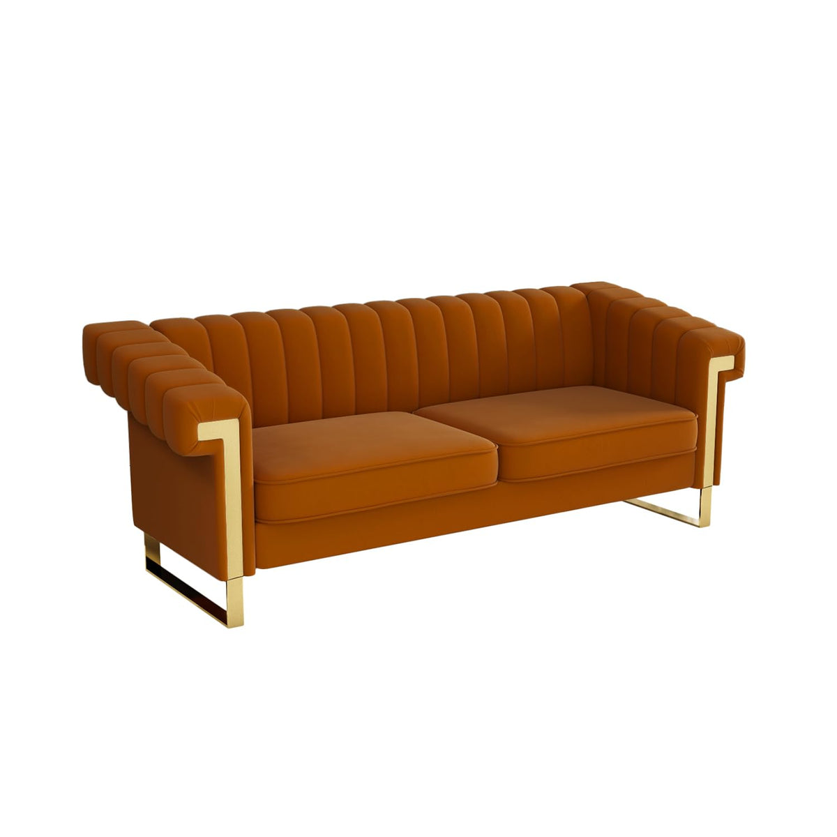 Orange Velvet Channel Tufted Sofa with Gold Metal Legs W43828