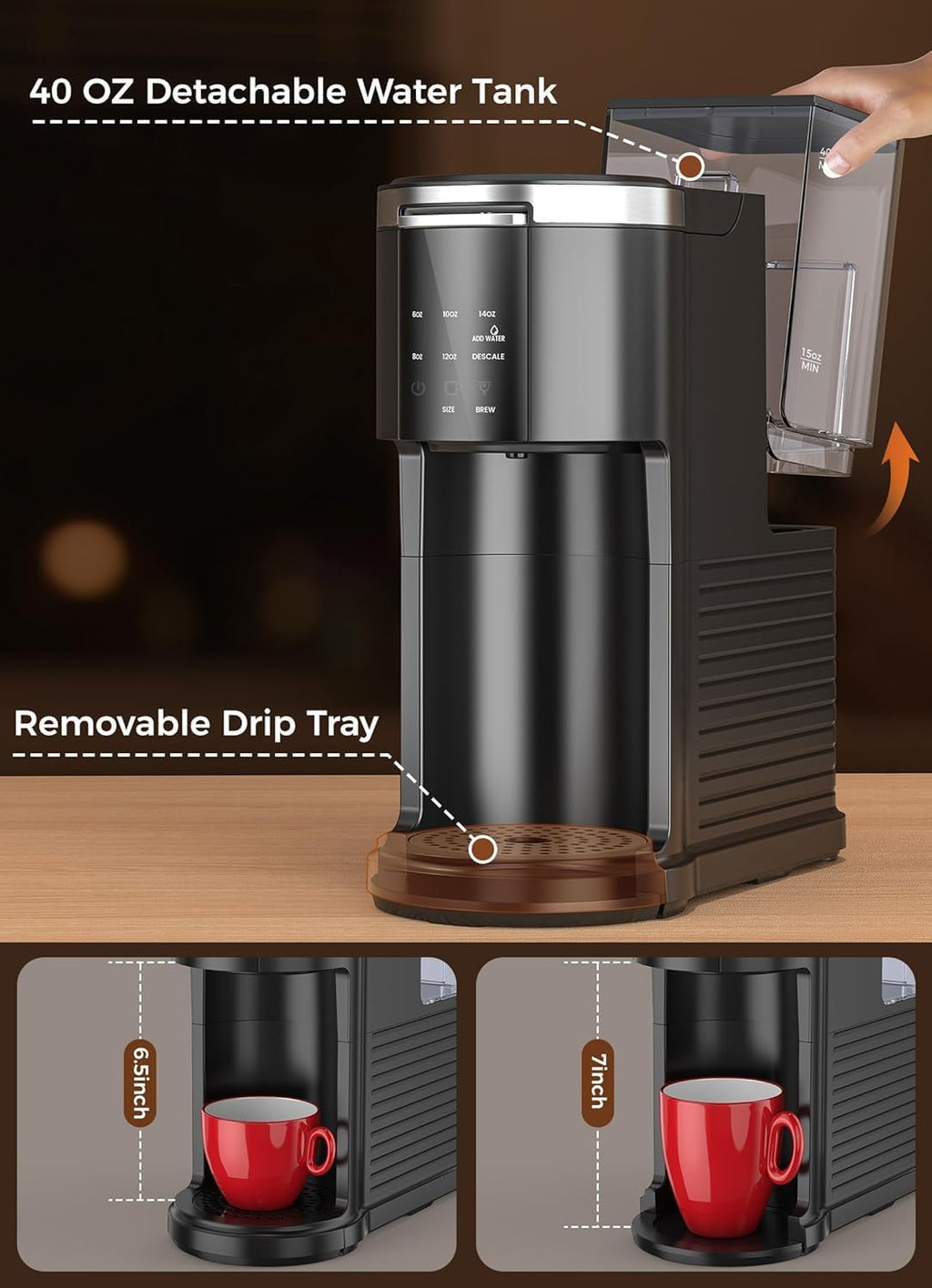 Single Serve Coffee Maker, 2 in 1 Capsule & Ground Coffee Brewer, 40 Oz Removable Water Tank Q58020
