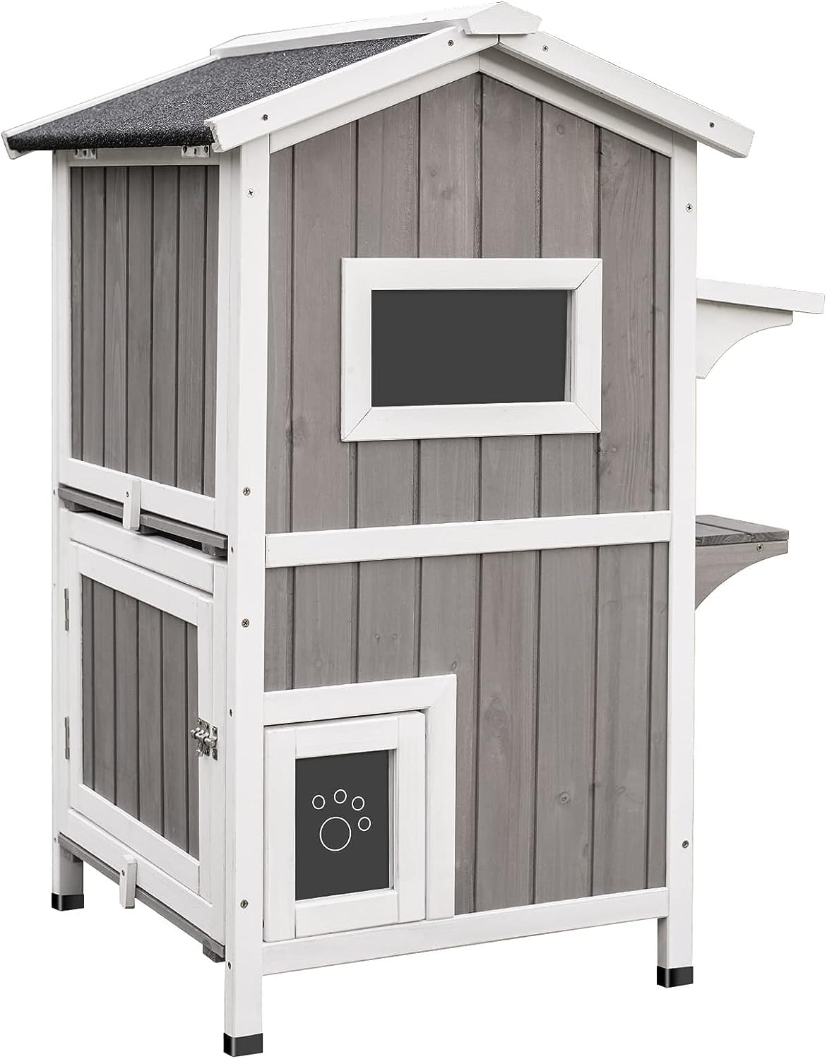 Weatherproof 2-Story Outdoor Cat House with Feeding Station H148078
