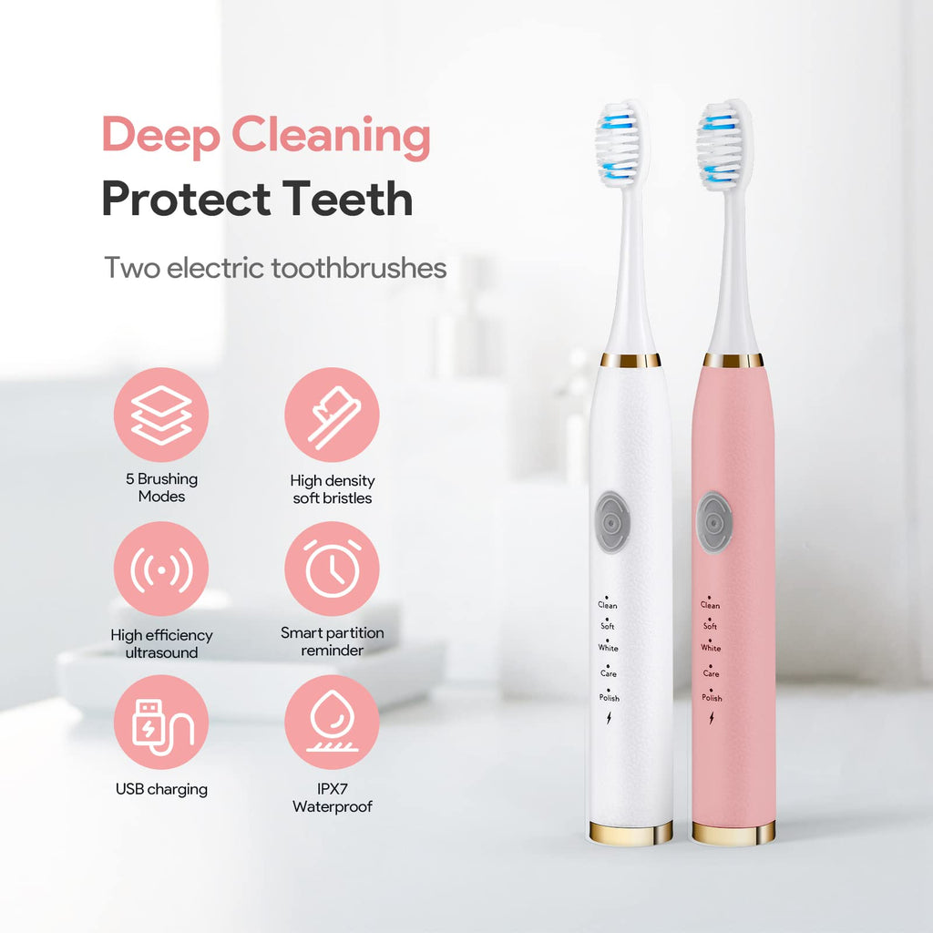 Rechargeable Sonic Toothbrush 2-Pack White Pink Q30042