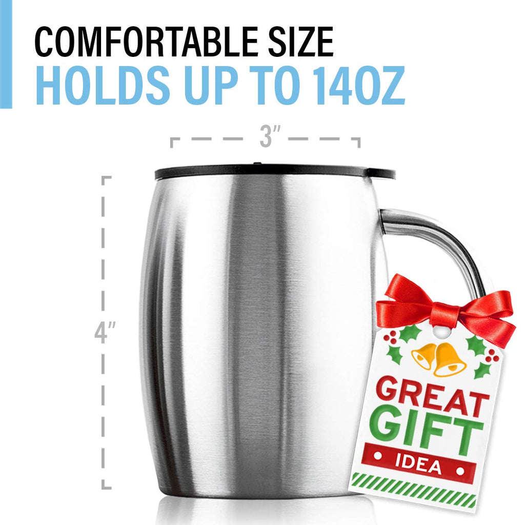 Stainless Steel 14 oz Double Walled Coffee Mugs Set of 2 with Lid & Handle B427