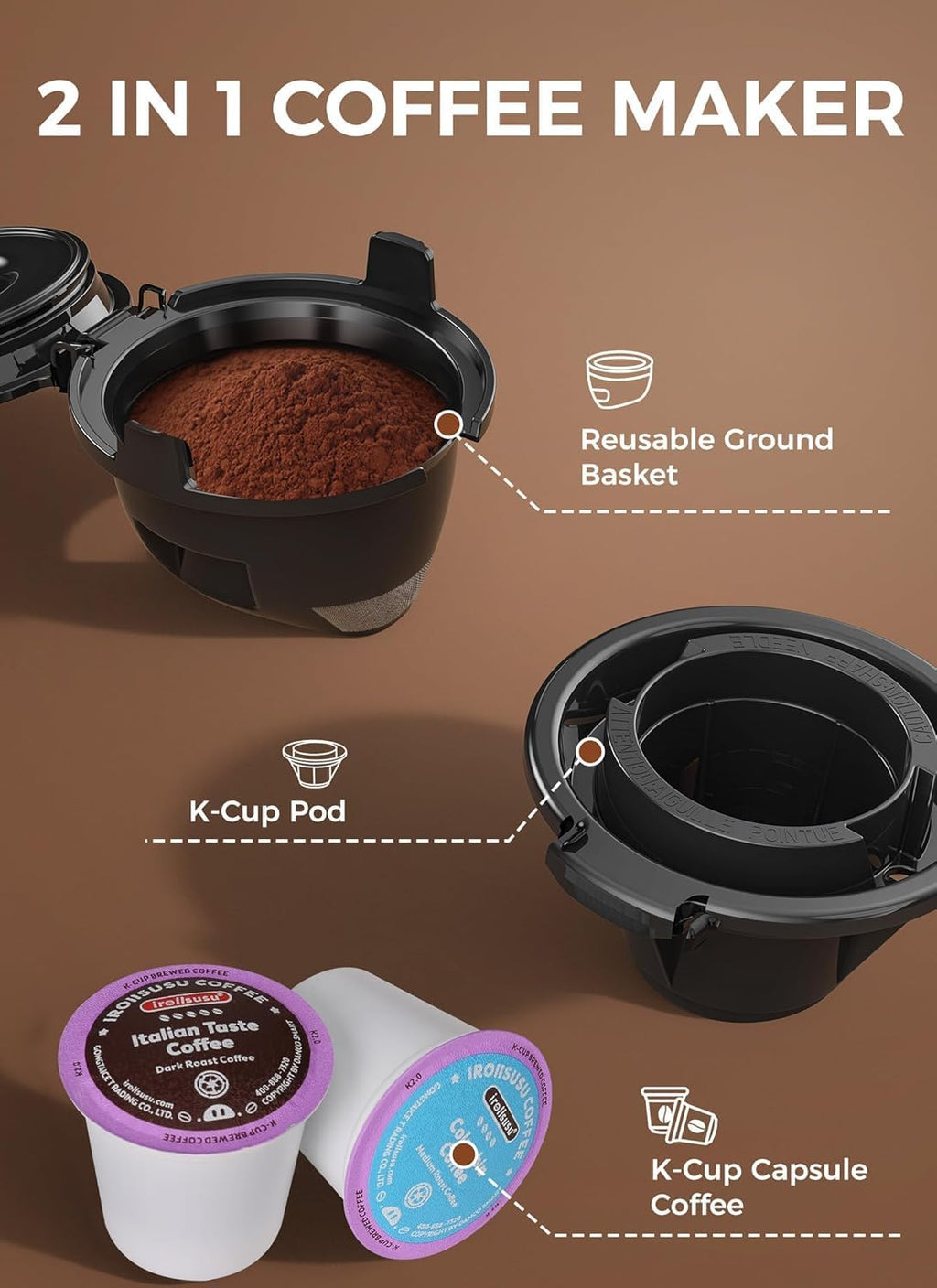 Single Serve Coffee Maker, 2 in 1 Capsule & Ground Coffee Brewer, 40 Oz Removable Water Tank Q58020