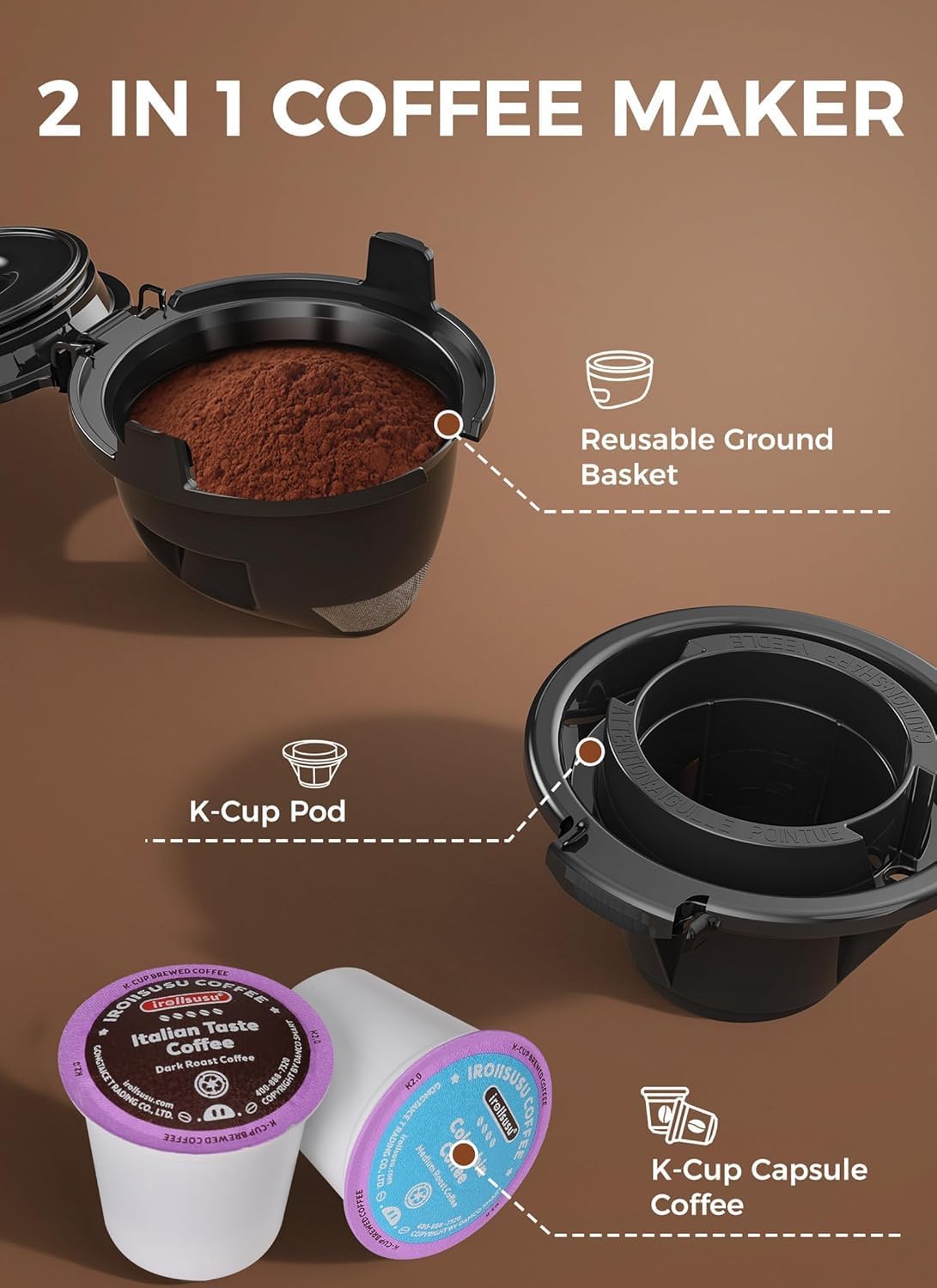 Single Serve Coffee Maker, 2 in 1 Capsule & Ground Coffee Brewer, 40 Oz Removable Water Tank Q58020