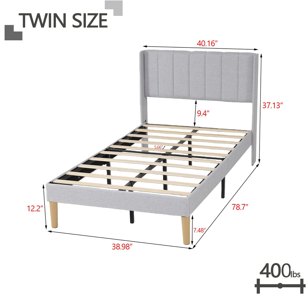 Twin Size Light Gray Linen Upholstered Bed Frame J844598