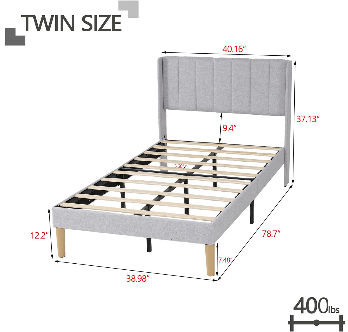 Twin Size Light Gray Linen Upholstered Bed Frame J844598
