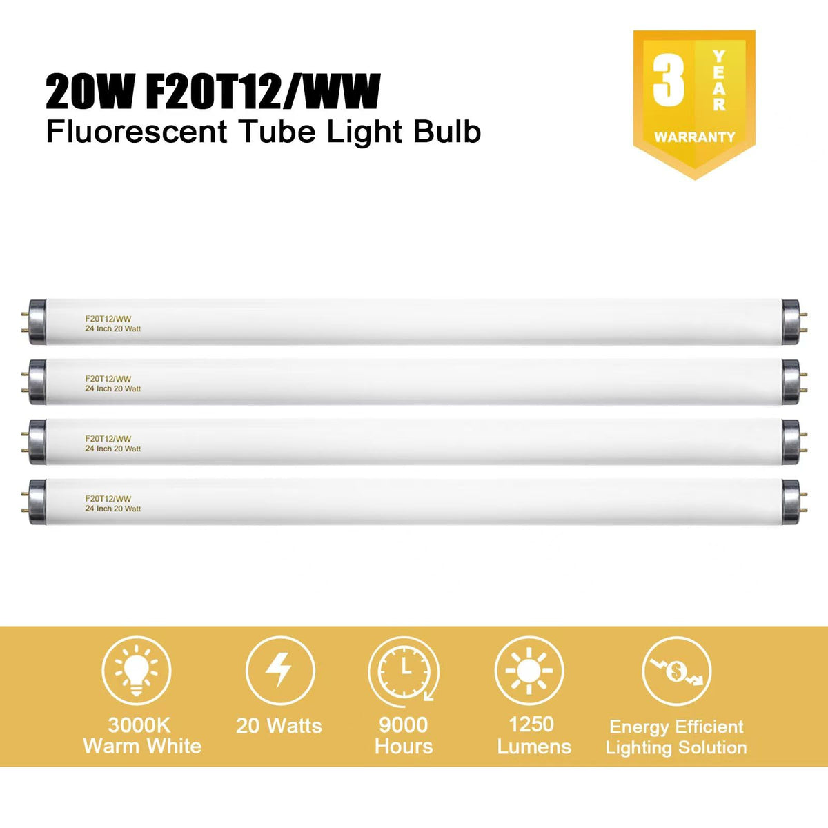 20 Watt Soft Warm White T12 Fluorescent Tube Light Bulb 24 Inch 4 Count I779