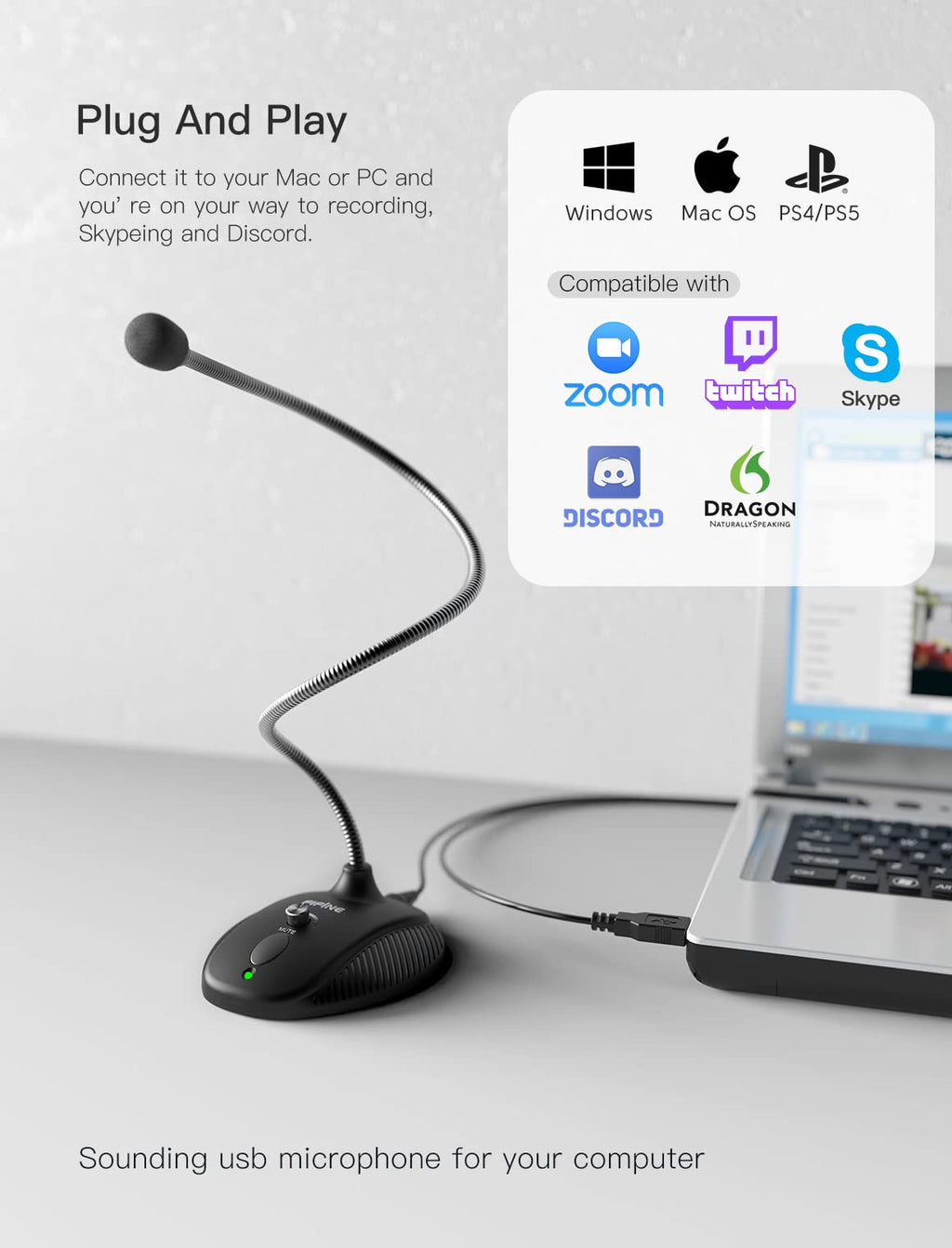 USB Computer Microphone, Plug & Play Desktop Condenser Mic, Mute Button with LED Indicator Q271