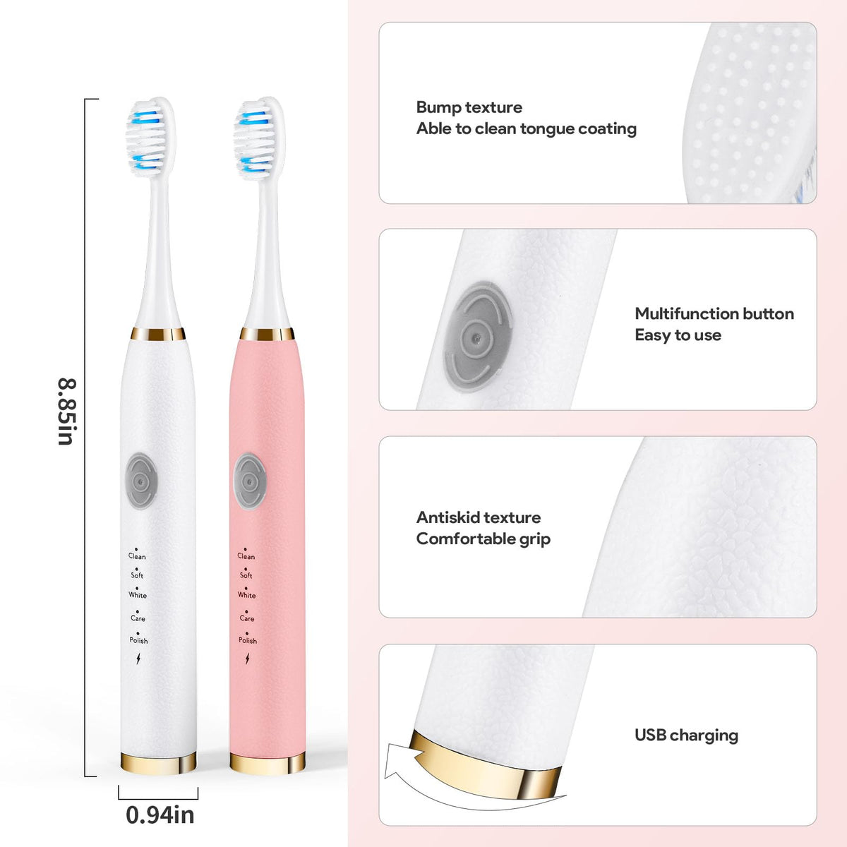 Rechargeable Sonic Toothbrush 2-Pack White Pink Q30042