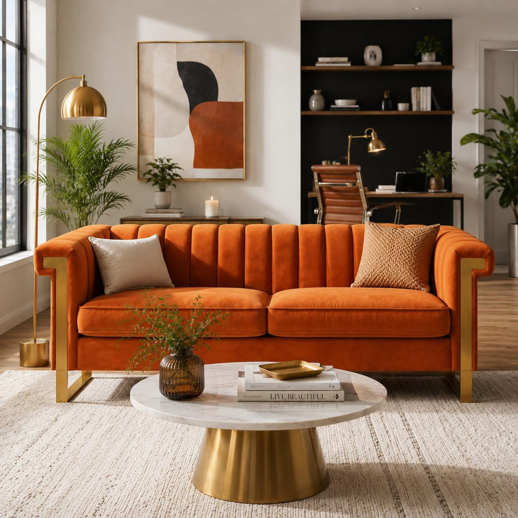 Orange Velvet Channel Tufted Sofa with Gold Metal Legs W43828
