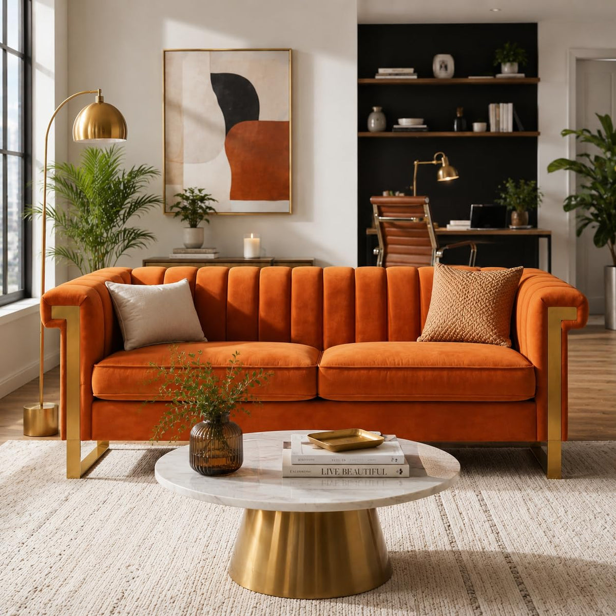 Orange Velvet Channel Tufted Sofa with Gold Metal Legs W43828