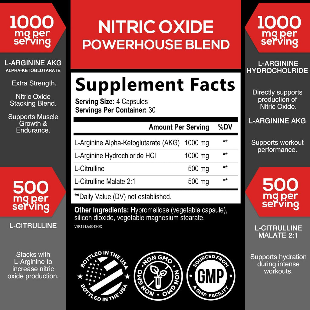 Nitric Oxide Supplement 3000mg Blend L-Arginine & L-Citrulline 120 Capsules S43326