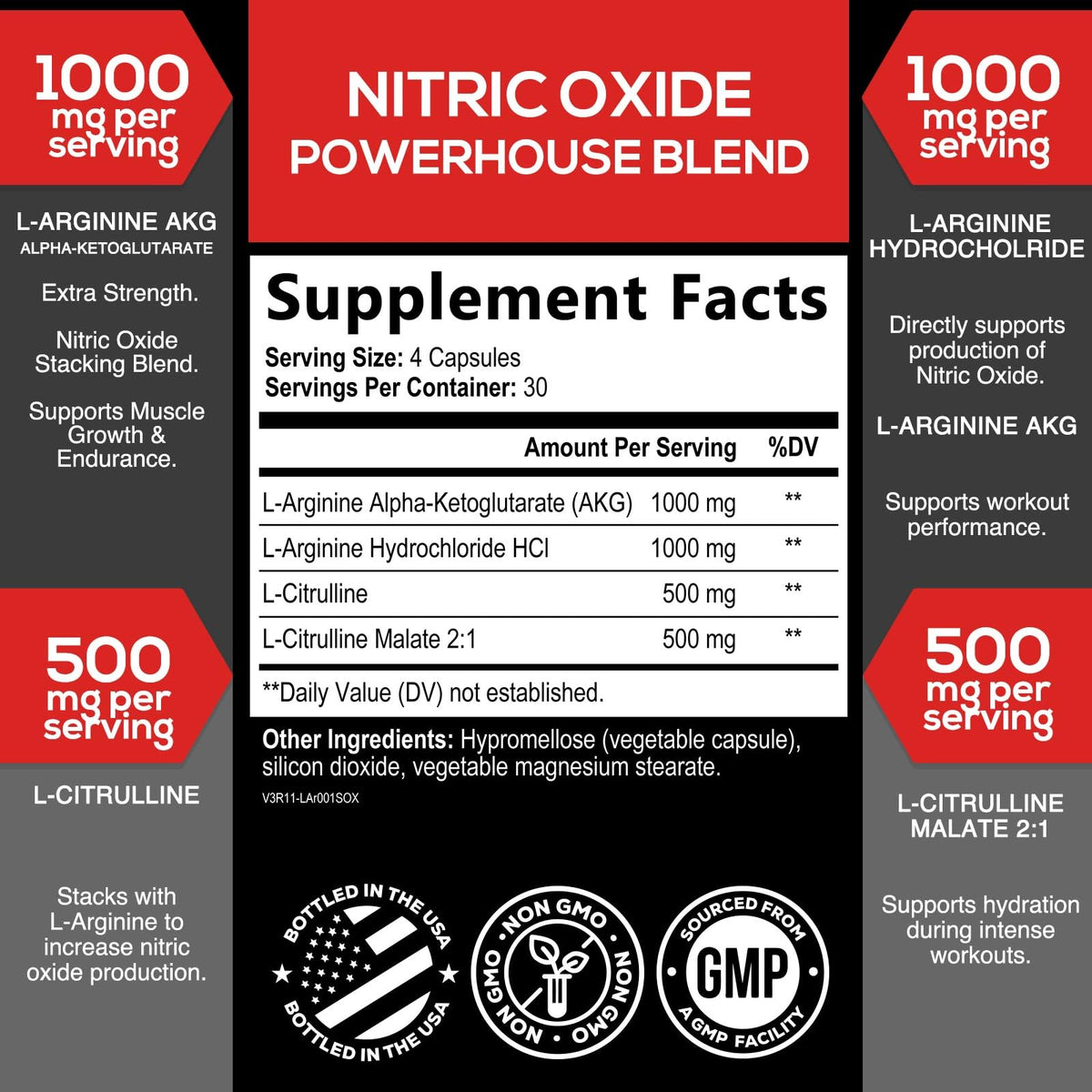 Nitric Oxide Supplement 3000mg Blend L-Arginine & L-Citrulline 120 Capsules S43326