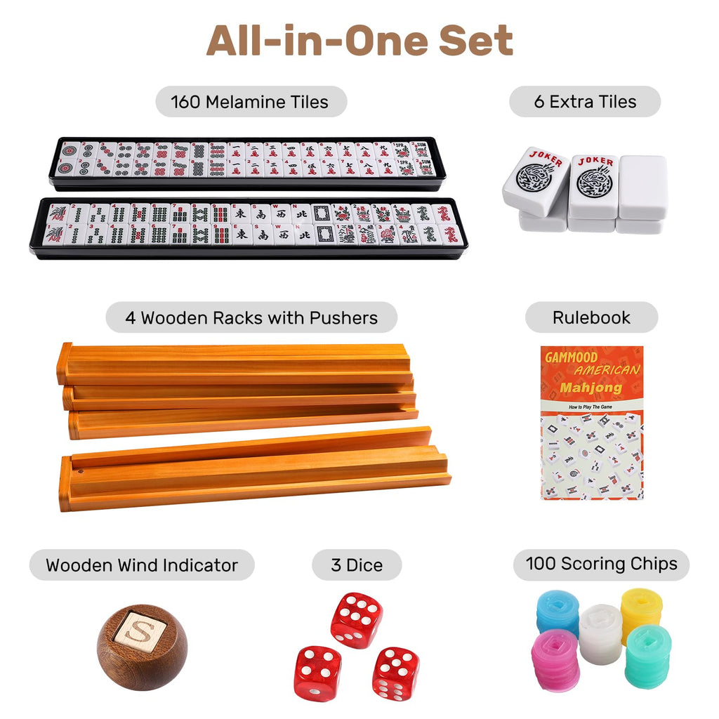 166 White Tiles Mahjong Game Set with Wooden Racks and Carrying Bag B2650