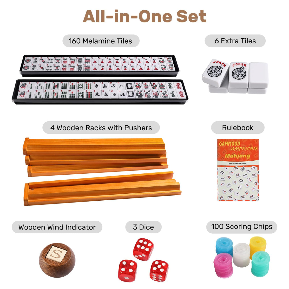 166 White Tiles Mahjong Game Set with Wooden Racks and Carrying Bag B2650