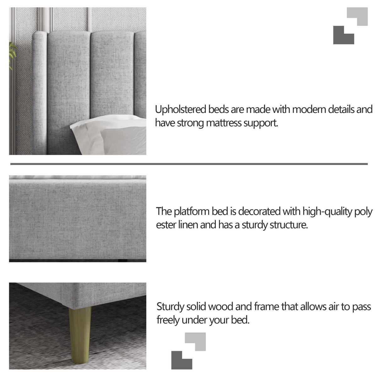 Twin Size Light Gray Linen Upholstered Bed Frame J844598