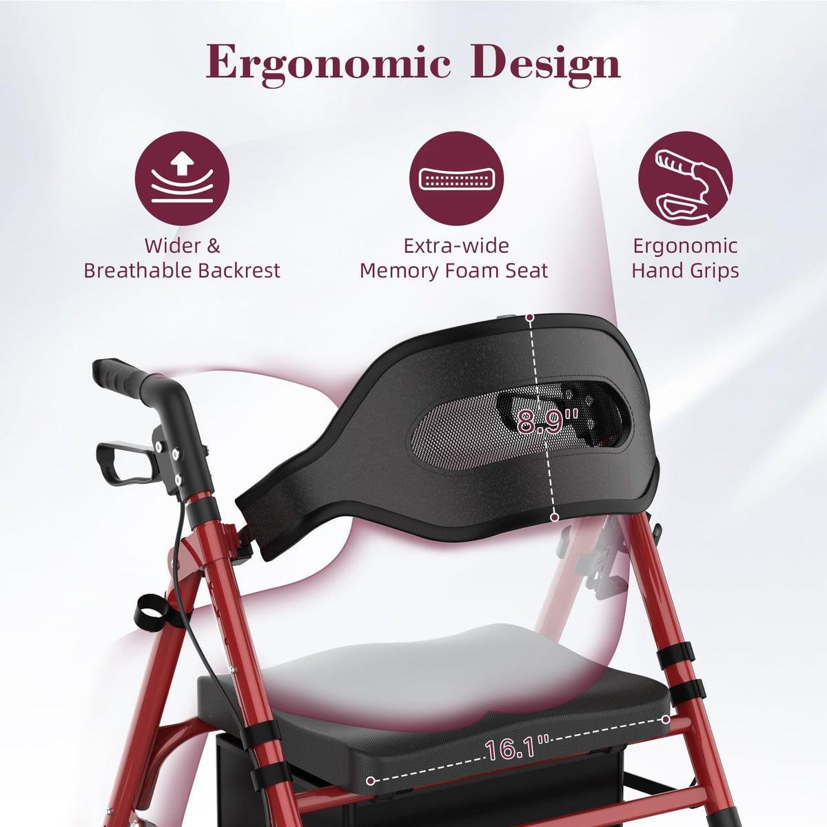 Foldable Rollator Walker with Seat, 8" Wheels, Red U667669