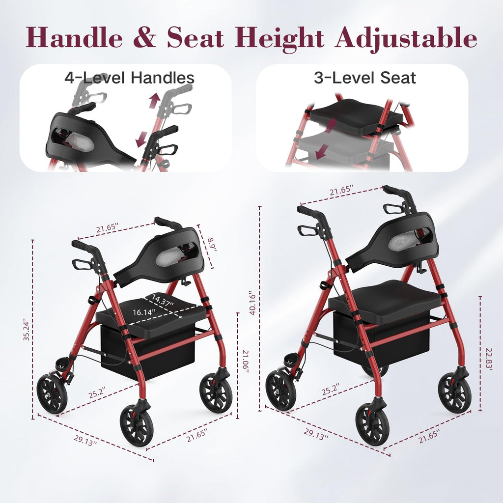 Foldable Rollator Walker with Seat, 8" Wheels, Red U667669