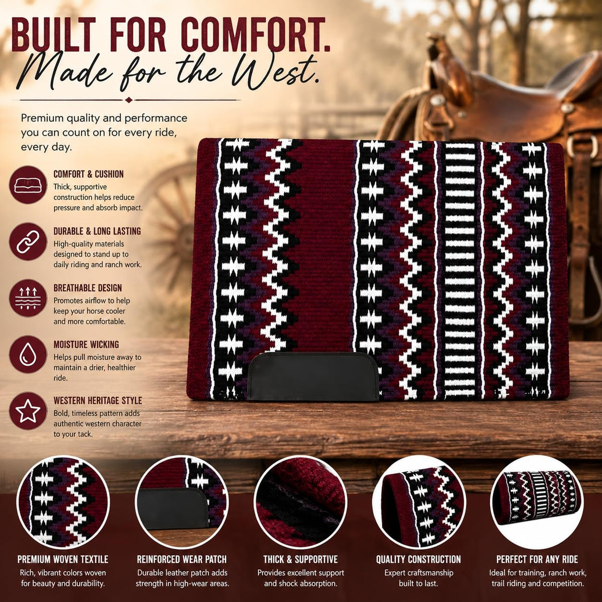 Burgundy Black White Tribal Horse Saddle Pad K619860