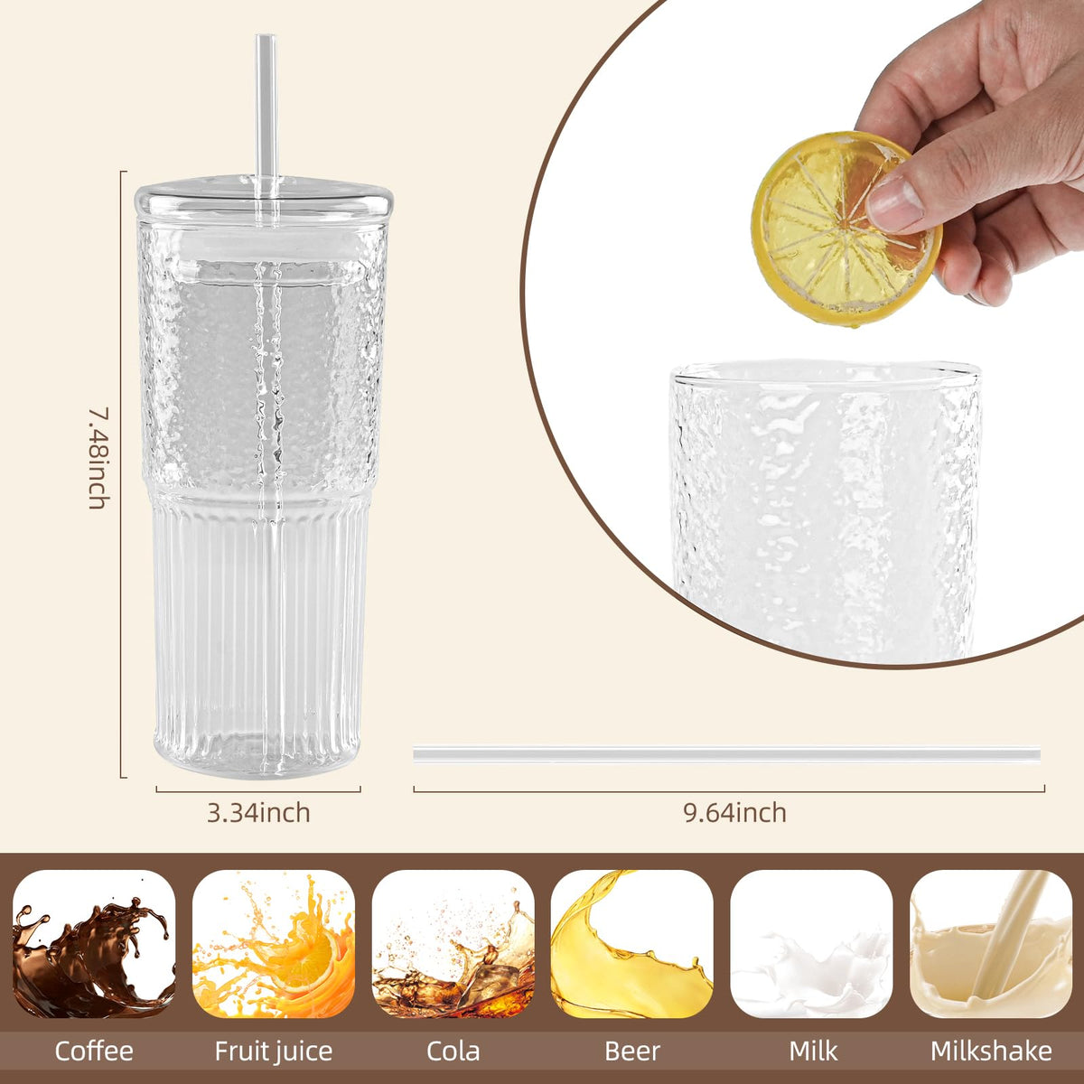 20 oz Glass Cups with Lids and Straws W4153