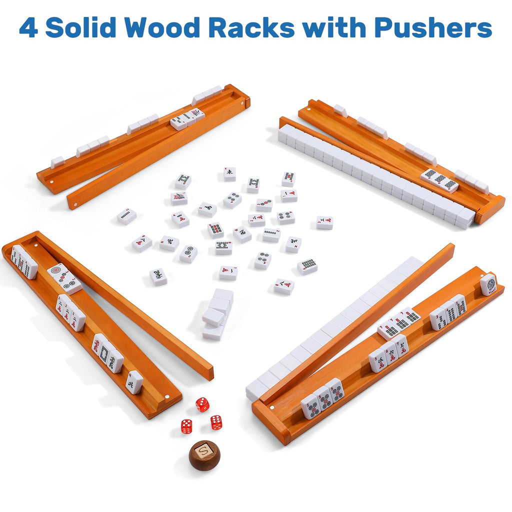 166 White Tiles Mahjong Game Set with Wooden Racks and Carrying Bag B2650