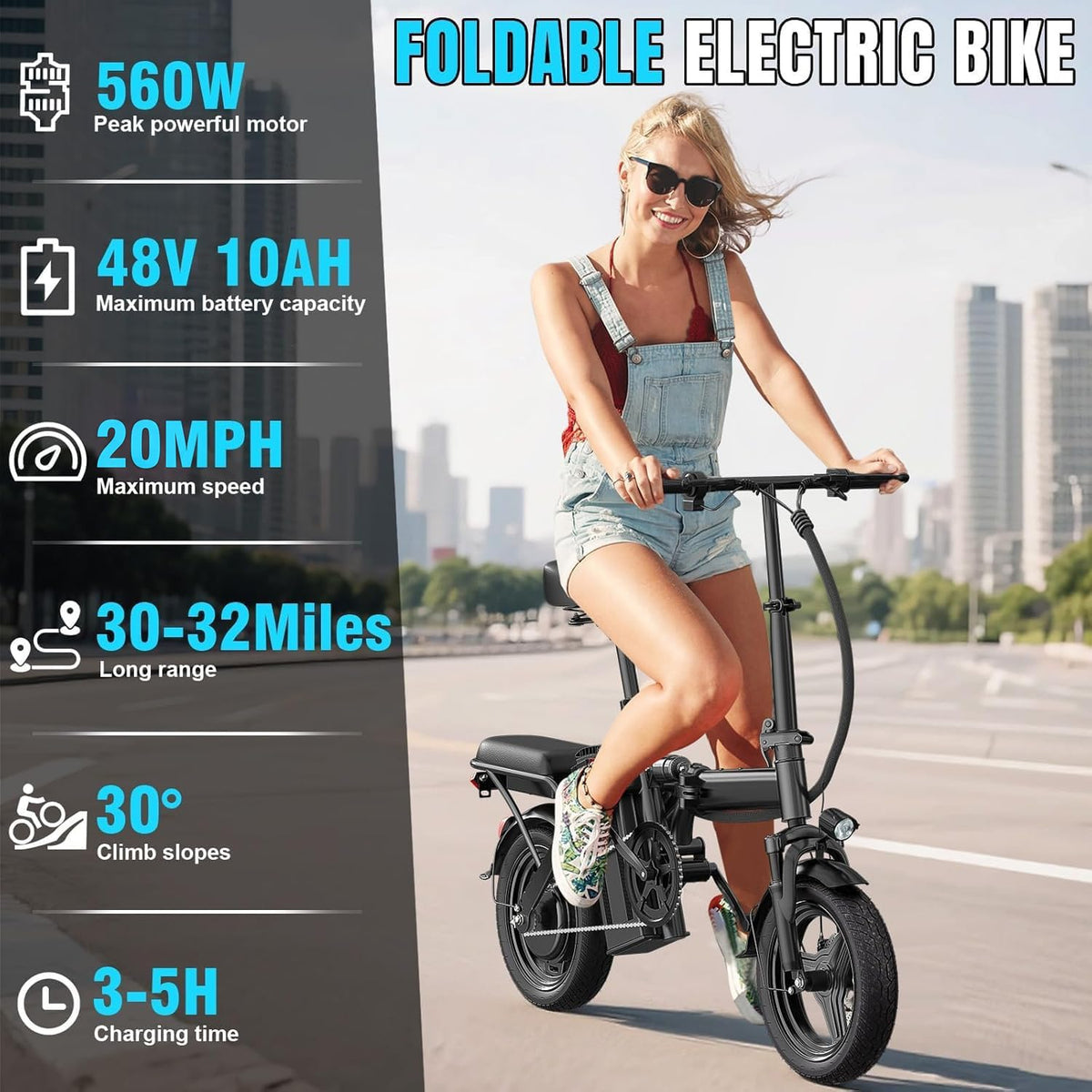 560W 20MPH 32 Miles Range 48V 10Ah 14" Foldable Electric Bike E1627