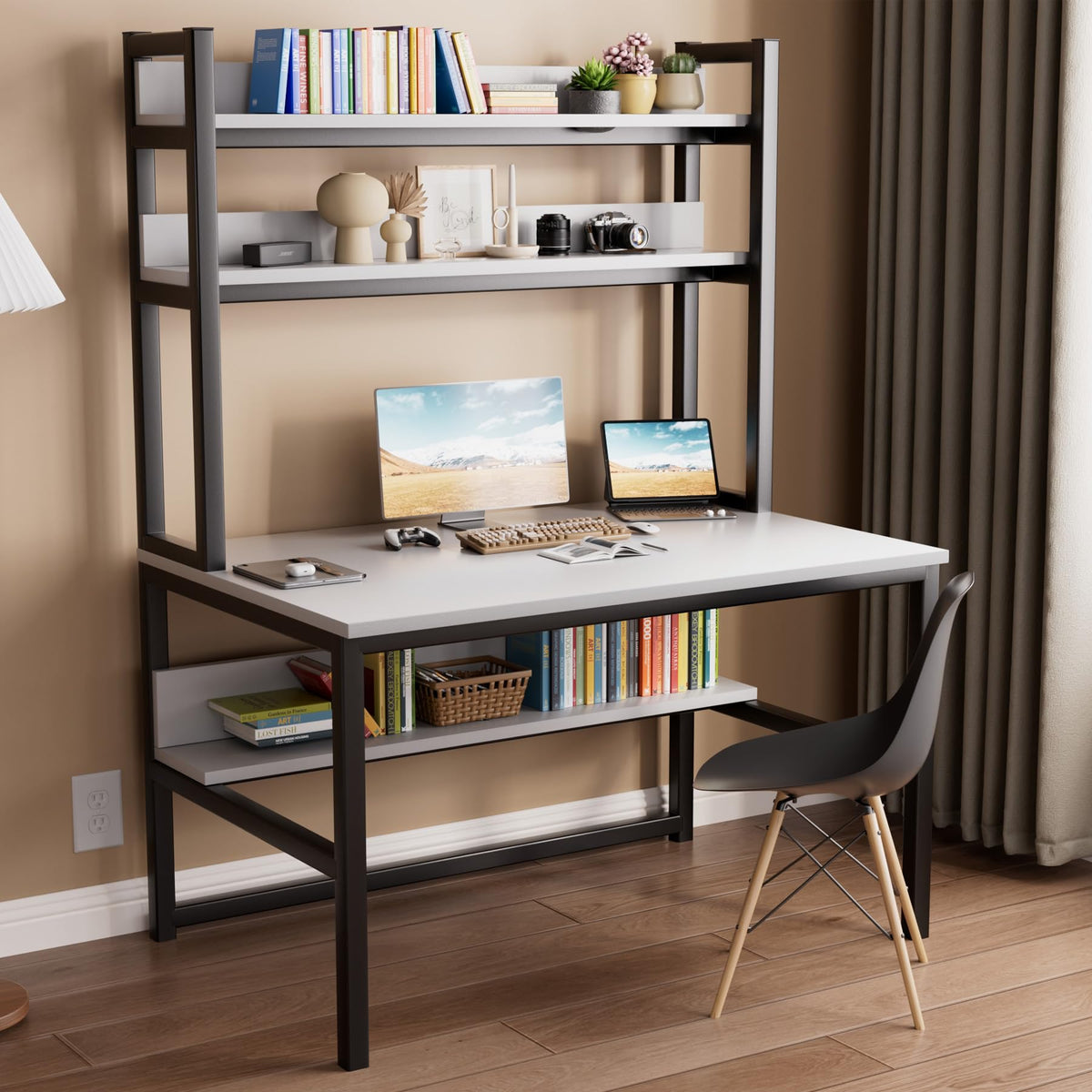 White Computer Desk with Hutch and Shelves C688