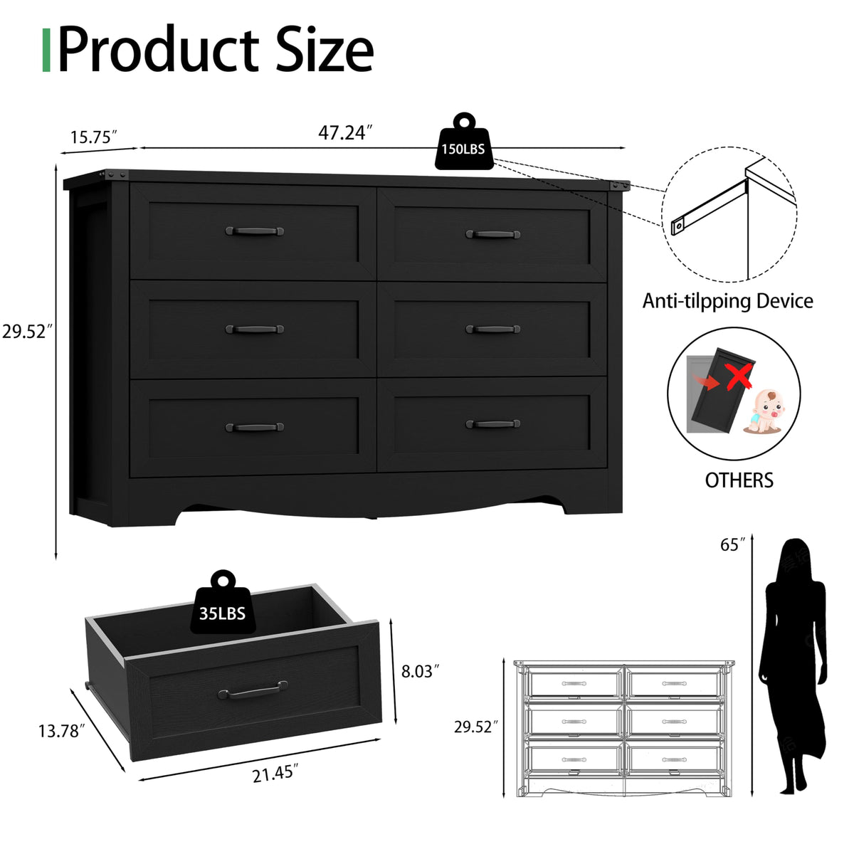 Black 6 Drawer Wood Dresser F469