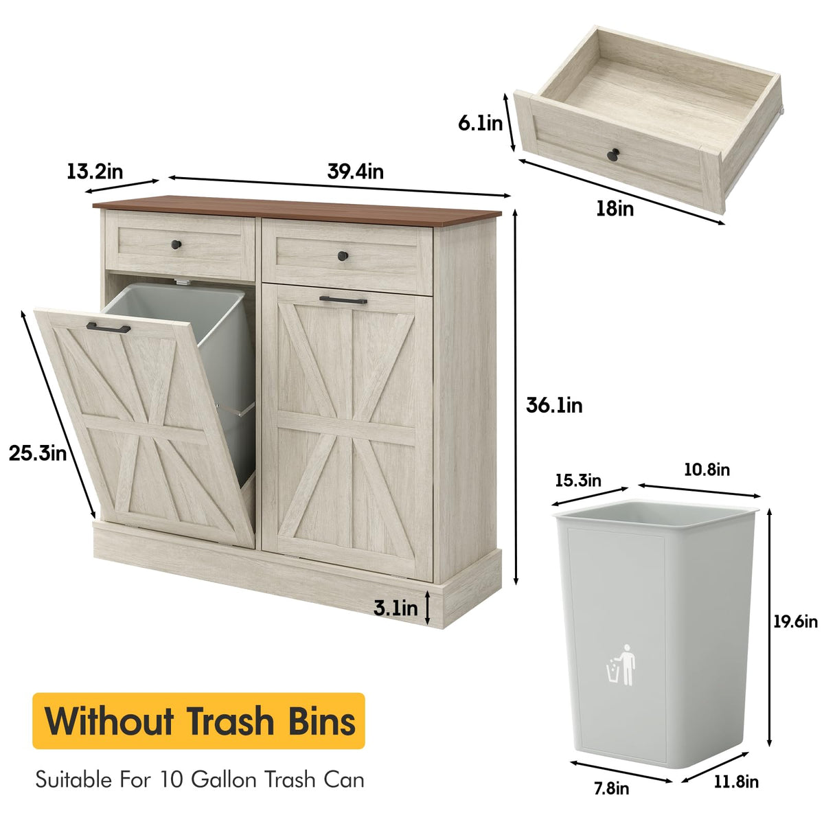 Double Tilt Out Trash Bin Holder Walnut White Wooden 10 Gallon M416