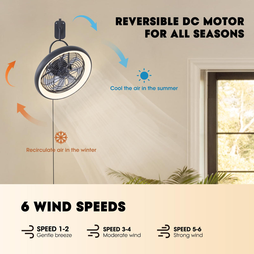Wall Mounted Fan with Lights, 20” 6 Speeds Reversible Dimmable O6112