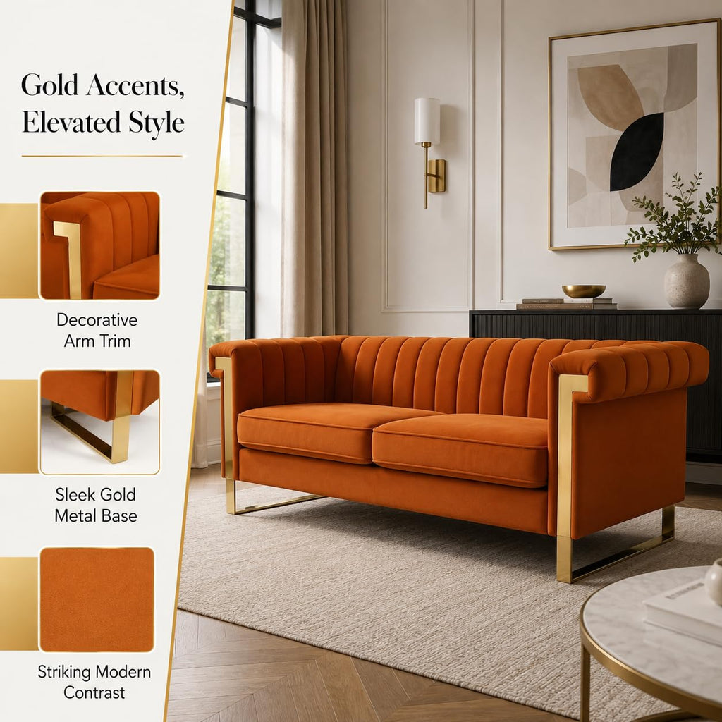 Orange Velvet Channel Tufted Sofa with Gold Metal Legs W43828