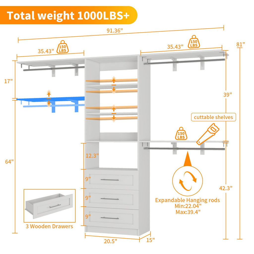White Closet System with 3 Wood Drawers and Hanging Rods C93426