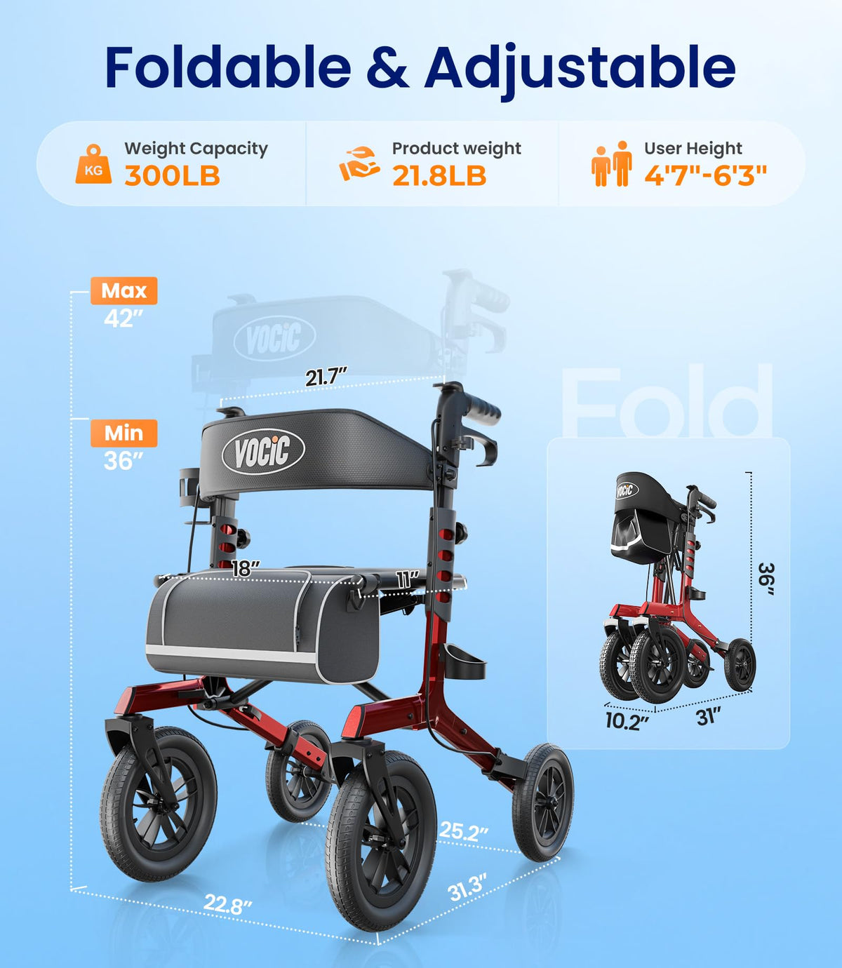 Walkers for Seniors with Seat Outdoor Rollator 12'' All Terrain Z5614