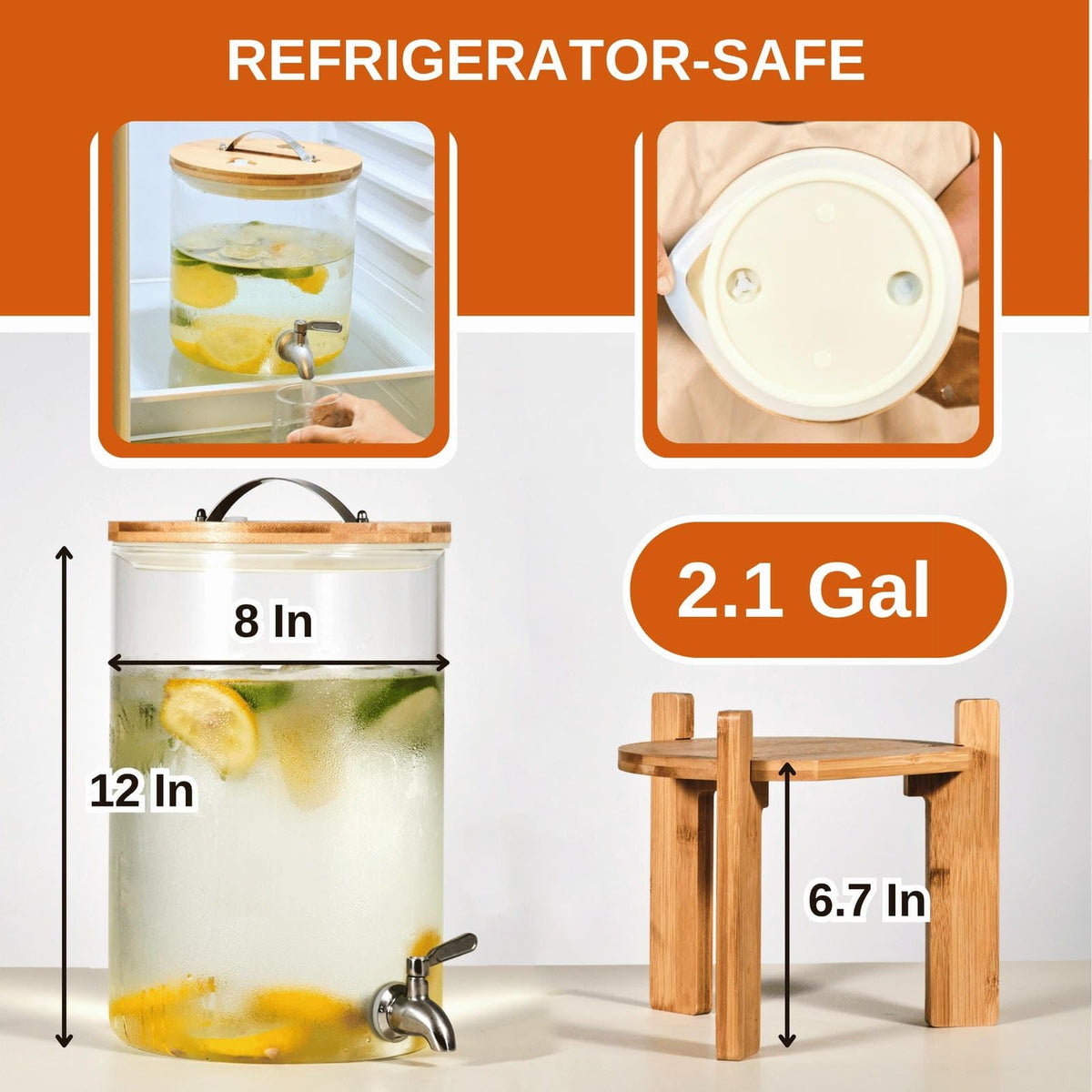 2.1 Gallon Glass Beverage Dispenser with Bamboo Stand and Spigot X895