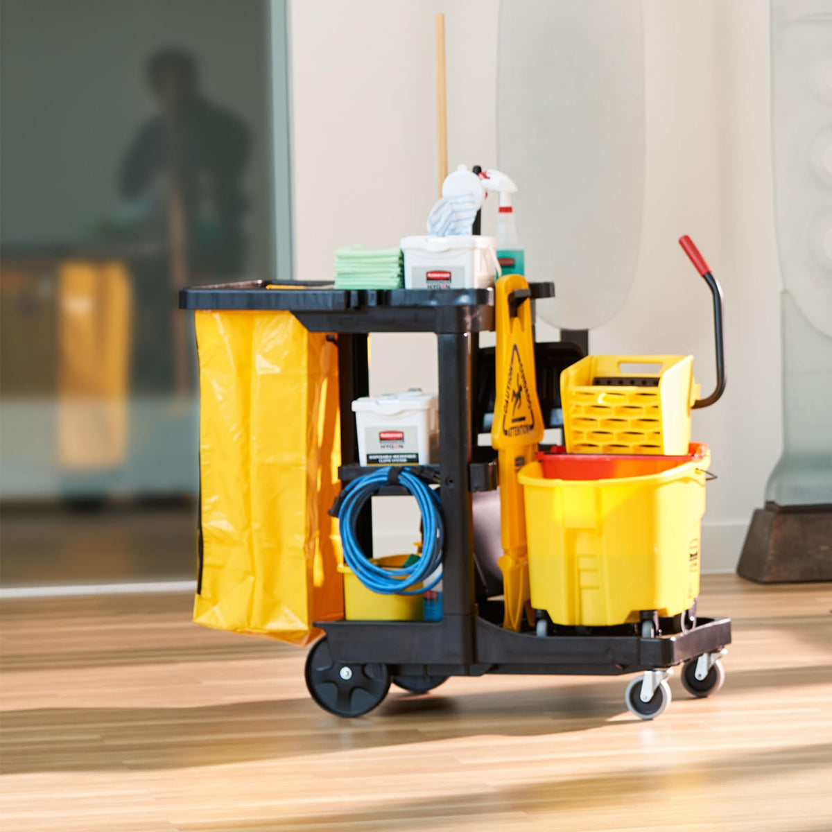3-Shelf Wheeled Cleaning Cart with Yellow Vinyl Bag O946
