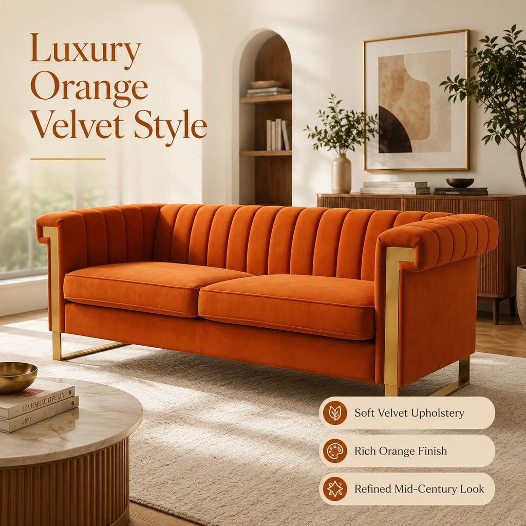 Orange Velvet Channel Tufted Sofa with Gold Metal Legs W43828