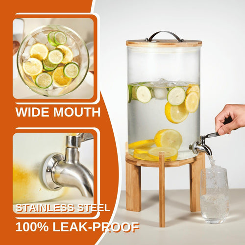 2.1 Gallon Glass Beverage Dispenser with Bamboo Stand and Spigot X895