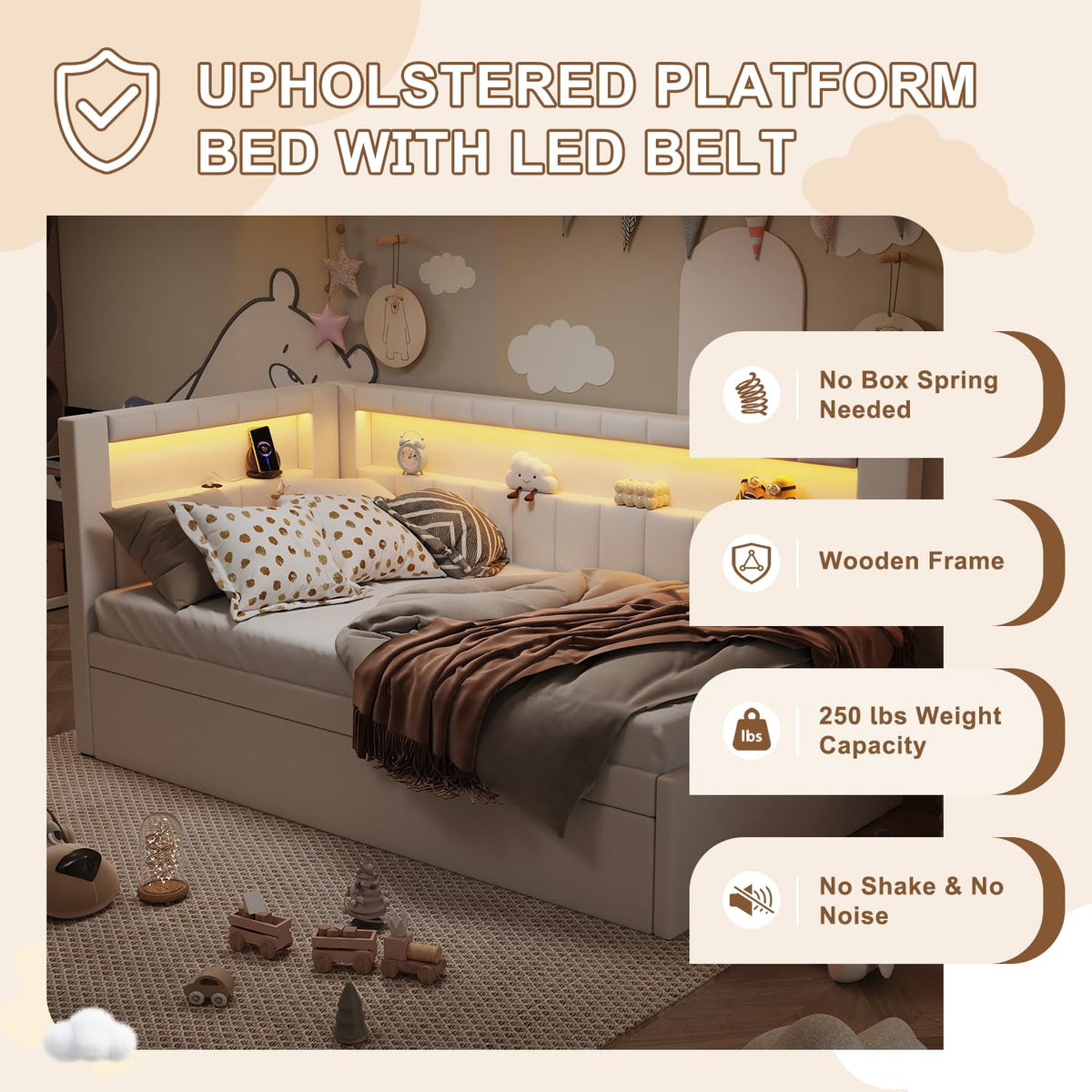 White Twin Size Upholstered Daybed with Trundle and USB Ports W939373