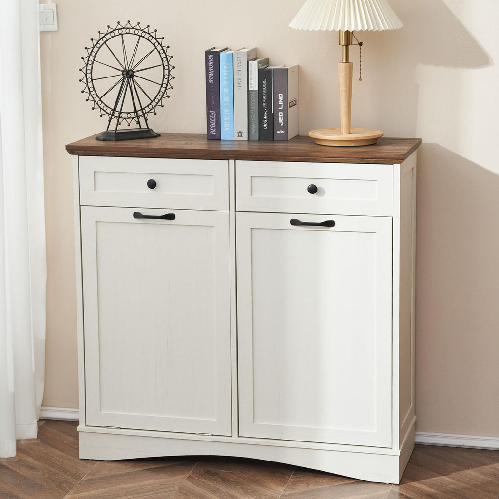Antique White 2x13 Gallons Trash Can Cabinet K1742