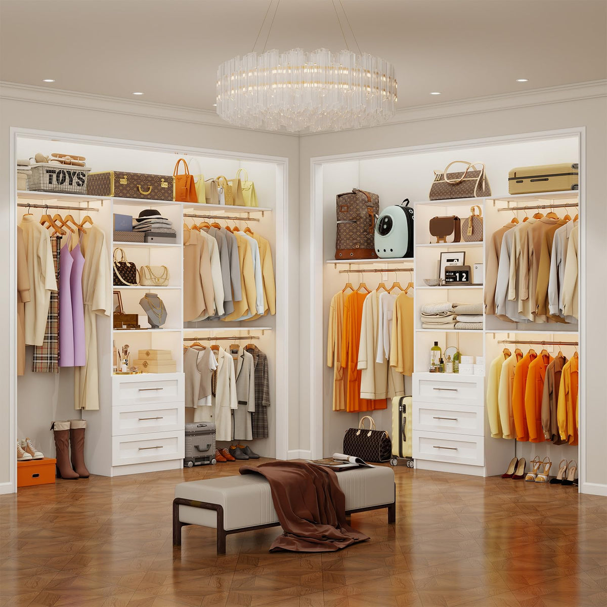 White Closet System with 3 Wood Drawers and Hanging Rods C93426
