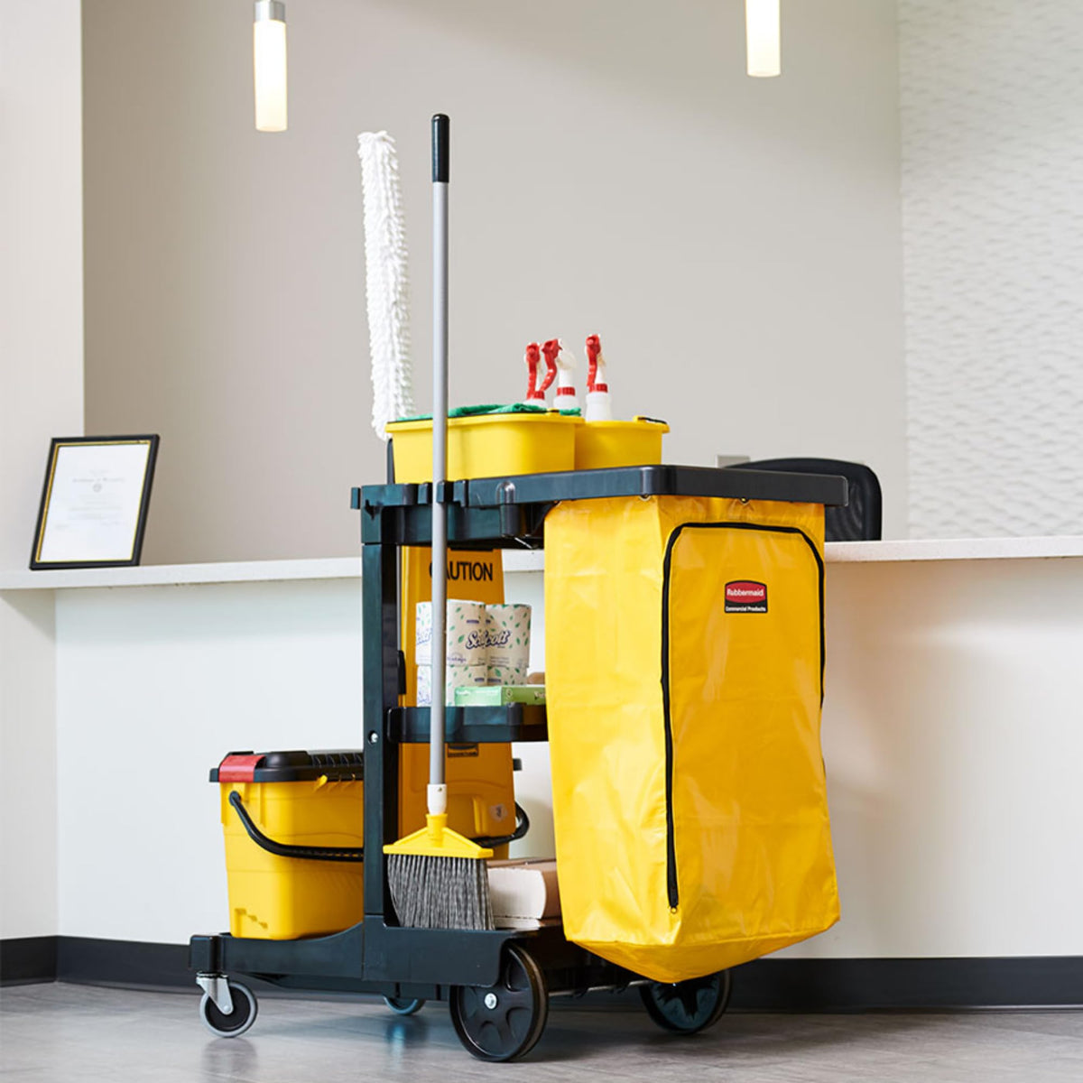 3-Shelf Wheeled Cleaning Cart with Yellow Vinyl Bag O946