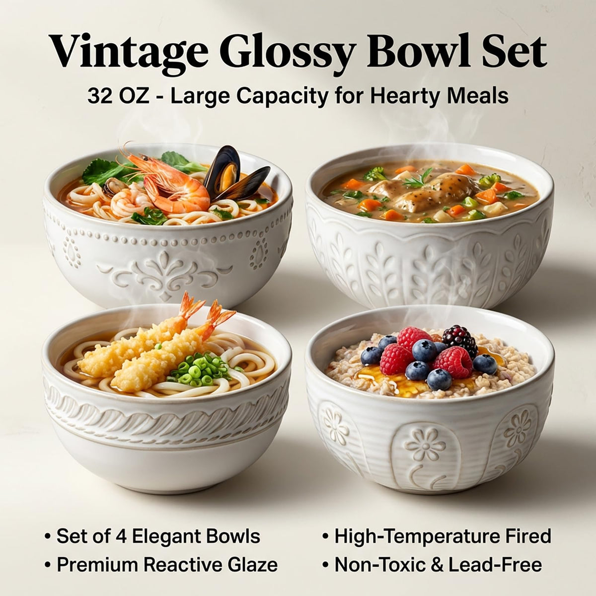 32 OZ Ceramic Soup Bowls Set of 4 N97656