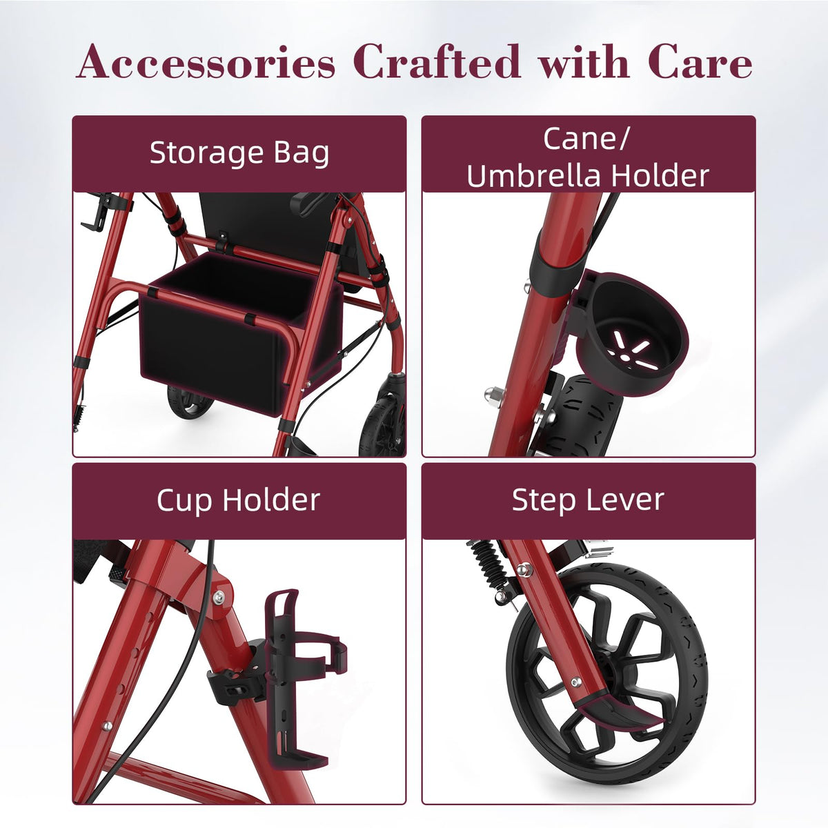 Foldable Rollator Walker with Seat, 8" Wheels, Red U667669