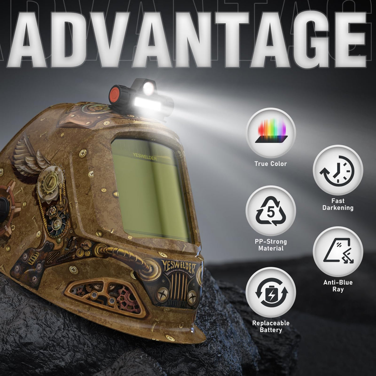 Auto-Darkening Welding Helmet with USB LED Work Light H51399