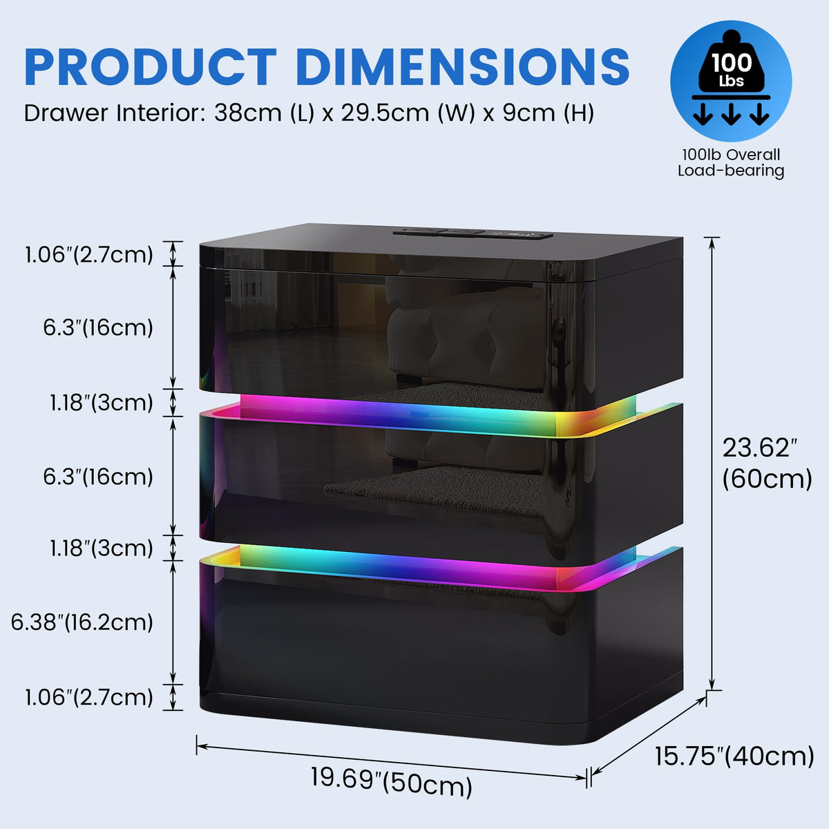 3-Drawer Nightstand with Charging Station & LED Lights R577353