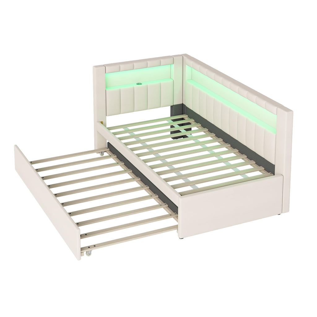 White Twin Size Upholstered Daybed with Trundle and USB Ports W939373