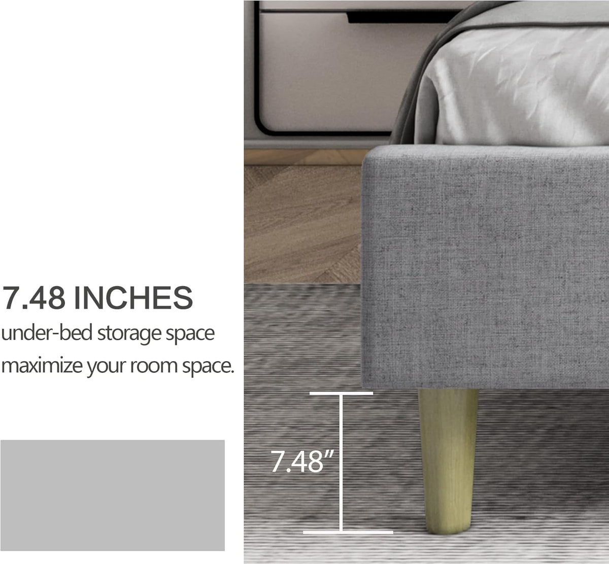 Twin Size Light Gray Linen Upholstered Bed Frame J844598