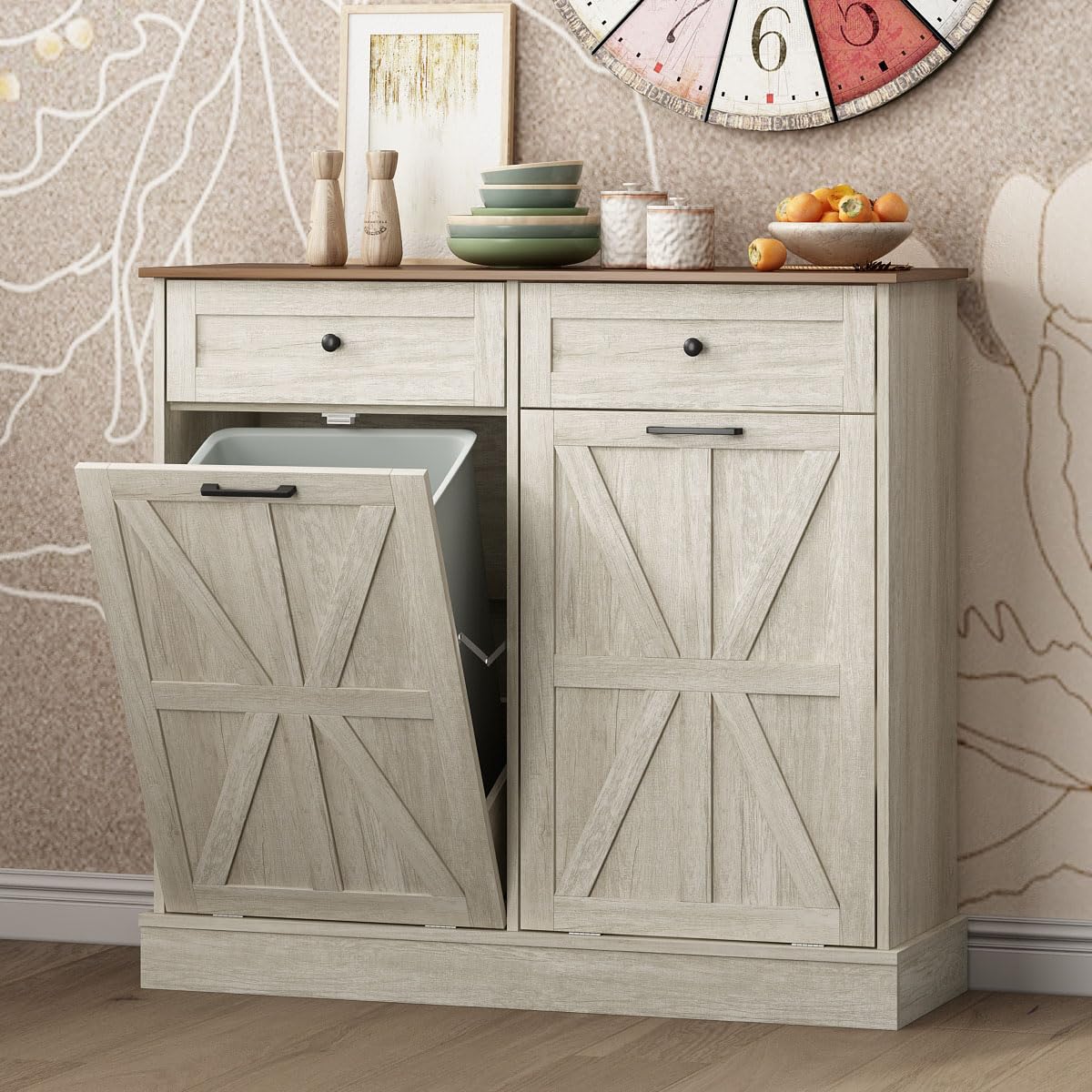 Double Tilt Out Trash Bin Holder Walnut White Wooden 10 Gallon M416