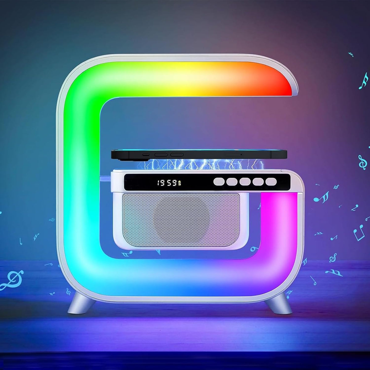 Table Lamp with Bluetooth Speaker, Wireless Charger, Alarm Clock M9657
