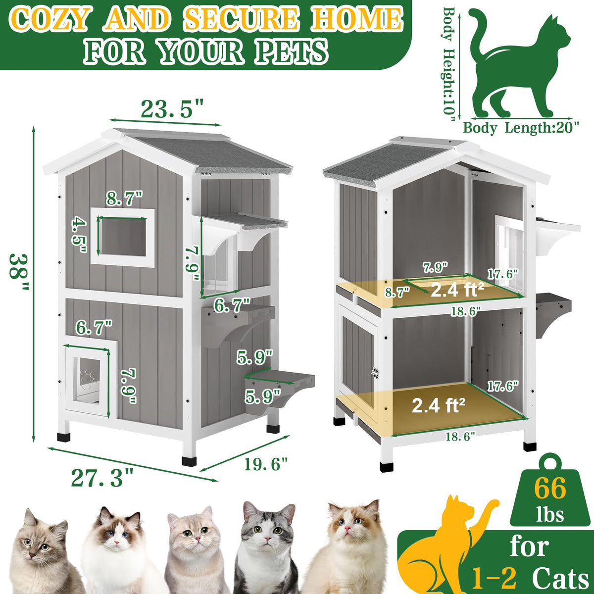 Weatherproof 2-Story Outdoor Cat House with Feeding Station H148078