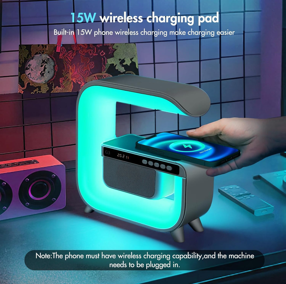 Table Lamp with Bluetooth Speaker, Wireless Charger, Alarm Clock M9657